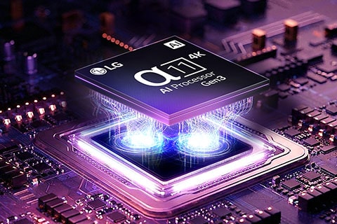 An alpha 11 AI Processor 4K on top of a motherboard, emitting purple and pink bolts of light.
