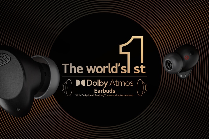 Gli auricolari neri T90S fluttuano nello spazio infinito. A sinistra, mostra una vista frontale dell'auricolare sinistro. A destra è mostrato l'auricolare destro. Al centro è mostrato il logo degli auricolari Dolby Atmos e accanto ad esso è posizionata la grafica del suono.