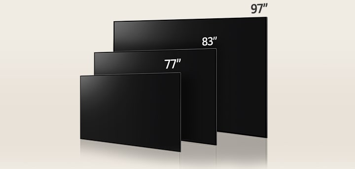 An image comparing LG OLED M Series' varying sizes, showing 77", 83", and 97".