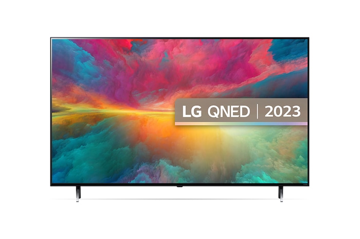 A front view of the LG QNED TV with infill image and product logo on
