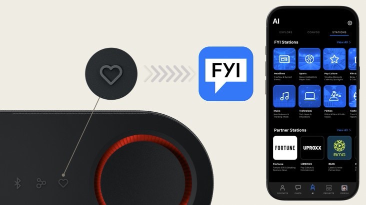 xboom Bounce's My Button is highlighted and suggests it can play FYI RAiDiO by showing its app screen.