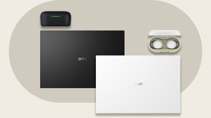 A black xboom Buds Plus cradle is placed with a black LG gram laptop. To the right a white LG gram is placed with a white xboom Buds Plus cradle opened with earbuds in it.