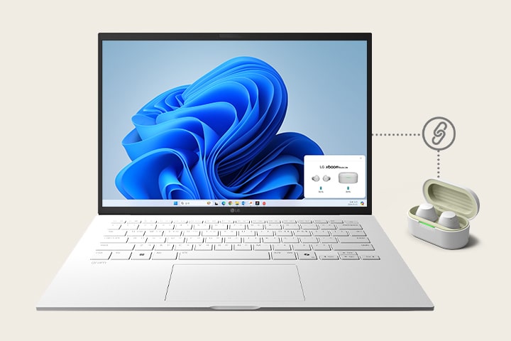 A white laptop, LG gram is powered on in the center and shows xboom Buds app's connected screen on the bottom right. Beside the laptop a white xboom Buds Plus's cradle with a pair of earbuds is placed and a 'connected' sign is drawn between them.