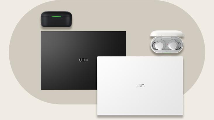 A black xboom Buds Plus cradle is placed with a black LG gram laptop. To the right a white LG gram is placed with a white xboom Buds Plus cradle opened with earbuds in it.