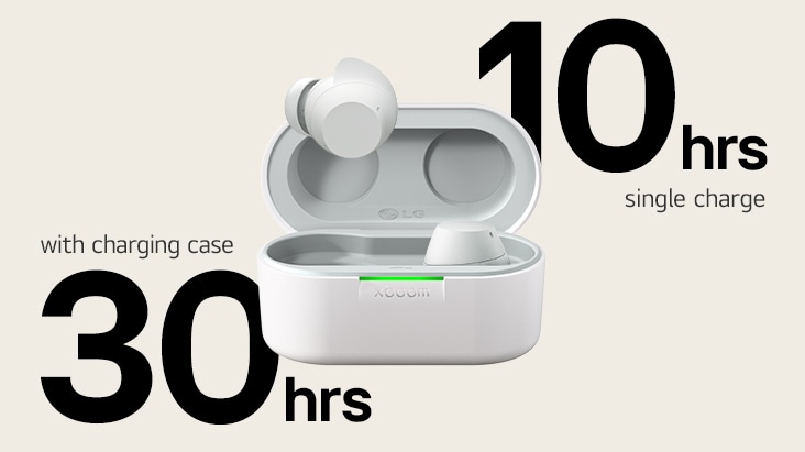 A white xboom Buds cradle is placed with its light on and with a pair of earbuds in it.