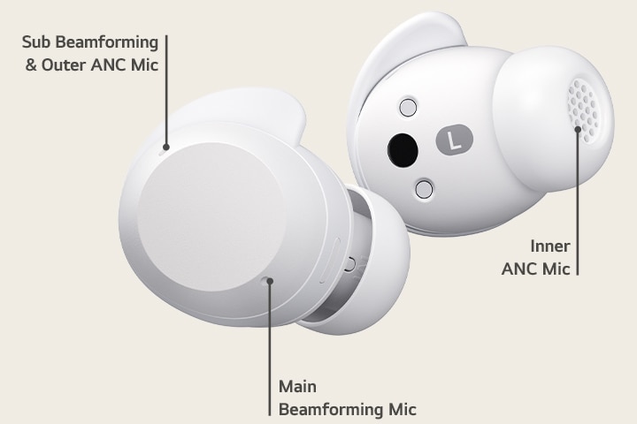 A pair of white xboom Buds Plus illustrating the 3 microphones it has.