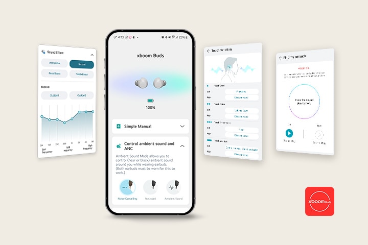 On a cell phone stays xboom Buds app's main screen. To the left there's the same app's Sound Effect adjustment feature UI image and to the right there're Touch function and Find my earbuds feature UI images each.