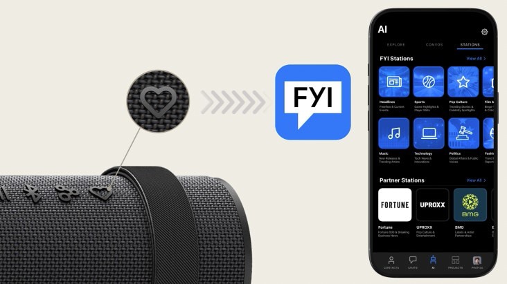 xboom Bounce's My Button is highlighted and suggests it can play FYI RAiDiO by showing its app screen.