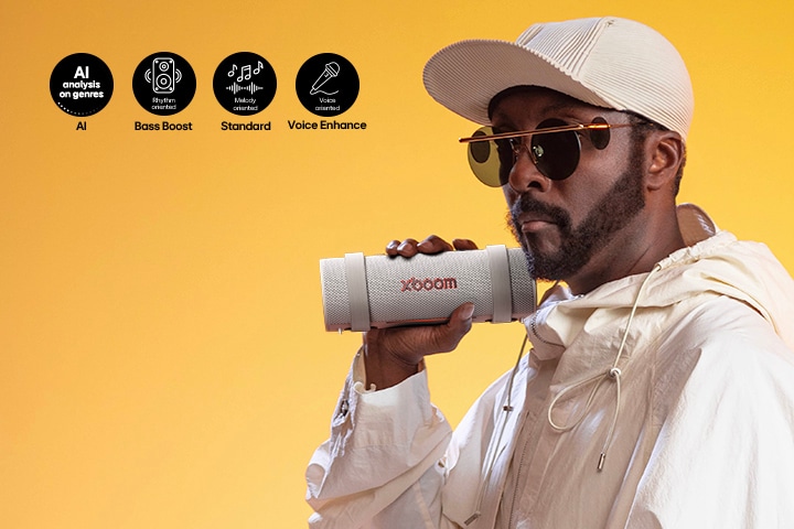 will.i.am is holding xboom Grab on his right hand.