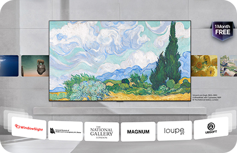 Wall-mounted TV displaying artwork in a gallery-style room, with a '1 Month FREE' badge and partner logos below