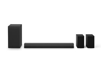 Home audio speaker set with a soundbar, center speaker, and two small speakers