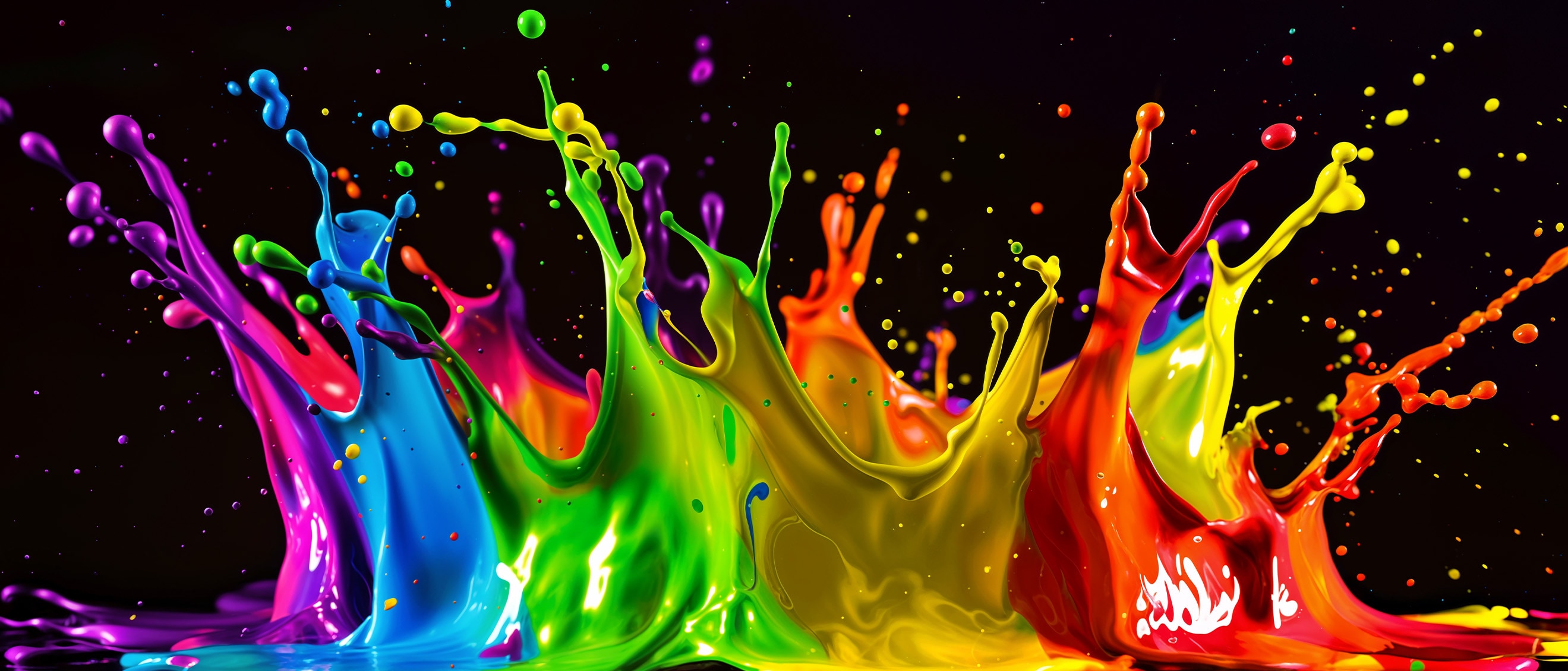 Bright multicolor paint splashes on a black background, showing vivid color intensity