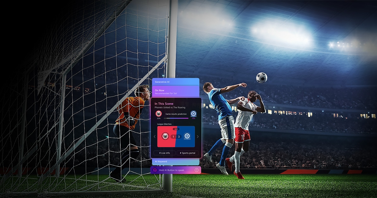 Soccer action scene with an on-screen AI sports interface panel showing predictions and match info