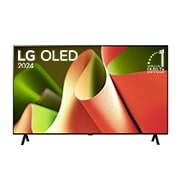 Hình ảnh mặt trước với TV LG OLED, OLED AI B4, Hình ảnh biểu tượng OLED 11 năm đứng đầu thế giới và logo webOS Re:New Program trên màn hình với giá đỡ 2 chân