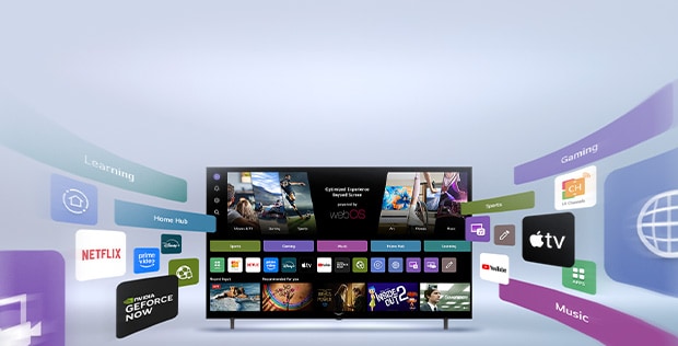 LG Smart TV hiển thị màn hình chính webOS với nhiều ứng dụng giải trí và chi tiết giao diện người dùng của LG Channels mở rộng tràn ra bên ngoài, làm nổi bật hơn 4.000 kênh và ứng dụng toàn cầu.