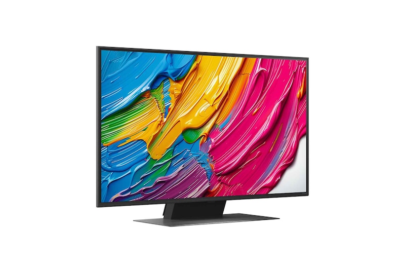 Slightly-angled right-facing side view of LG QNED80 TV