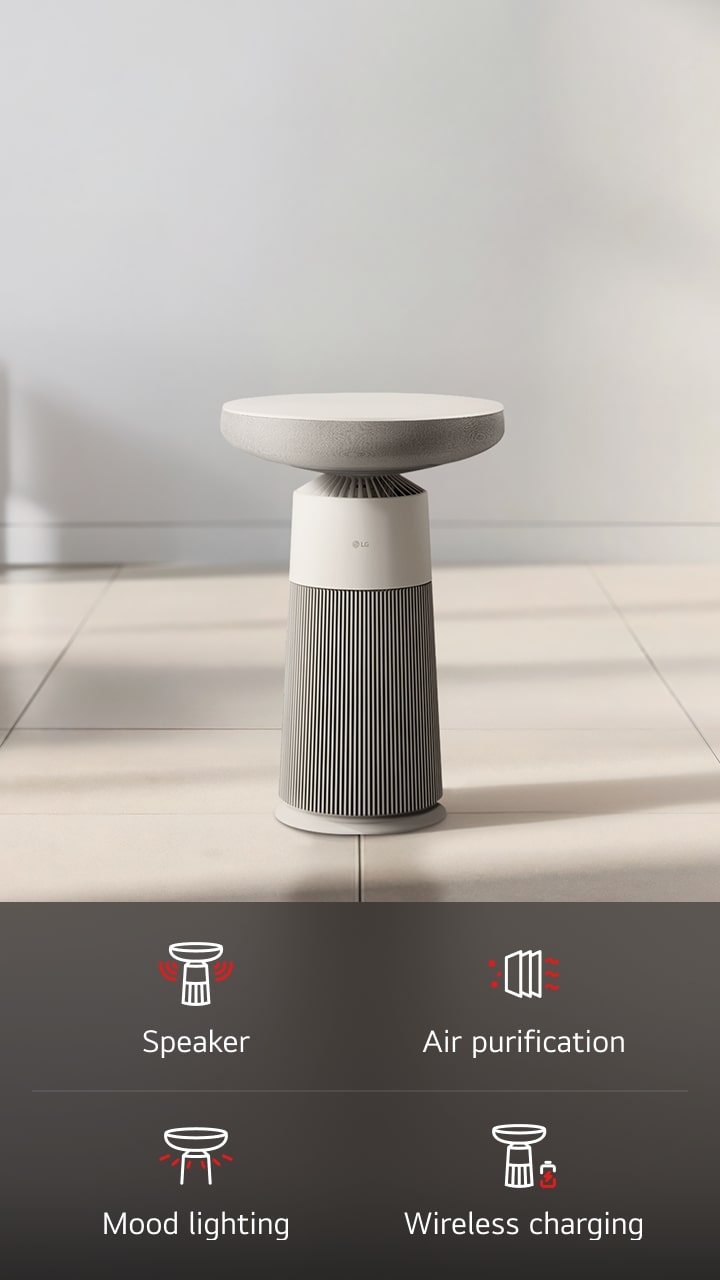 Hình ảnh loa LG Aerospeaker trong phòng, cung cấp 4 chức năng trong 1: loa, lọc không khí, đèn chiếu sáng theo tâm trạng, sạc không dây.