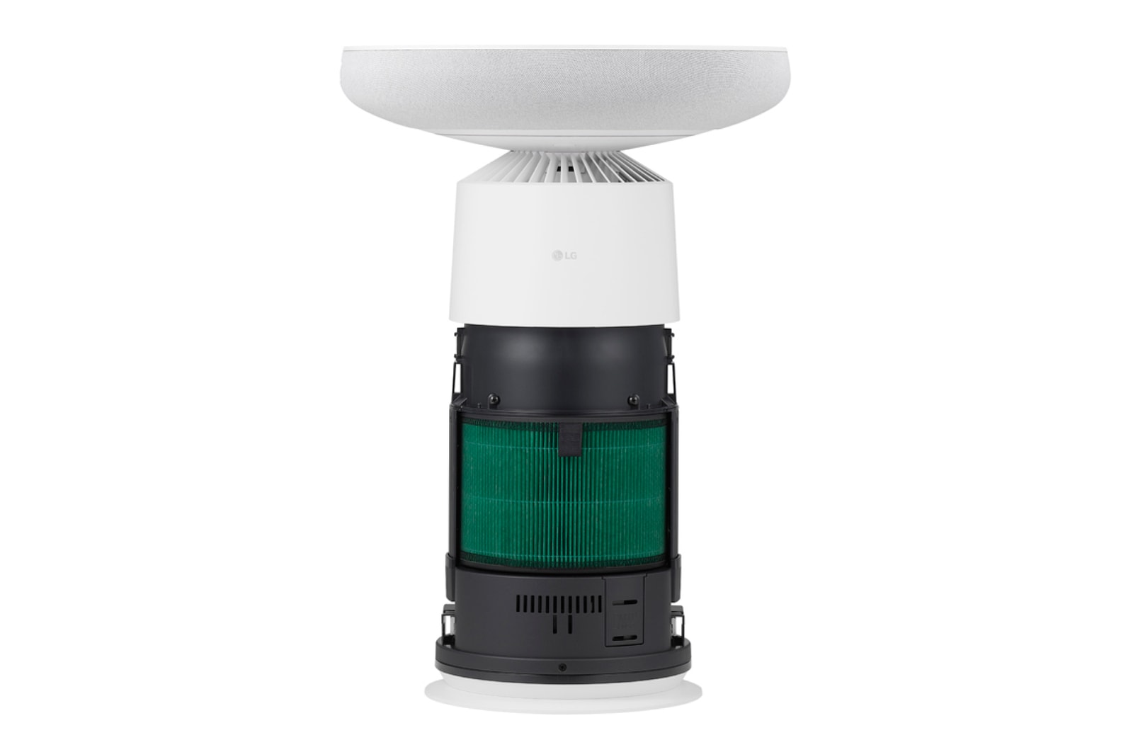 Mặt trước của LG PuriCare™ Aerospeaker khi đã tháo lớp vỏ ngoài, cho thấy bộ lọc màu xanh lá cây