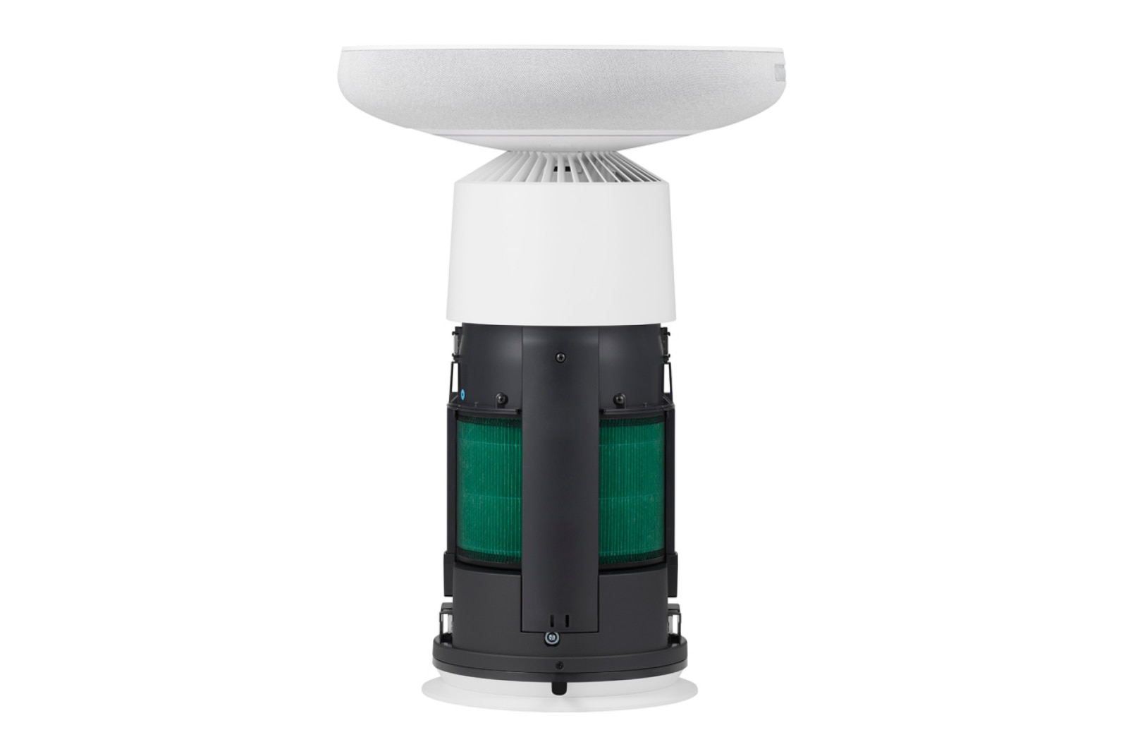 Góc nhìn từ bên hông của LG PuriCare™ Aerospeaker với bộ lọc hình trụ màu xanh lá cây có thể nhìn thấy