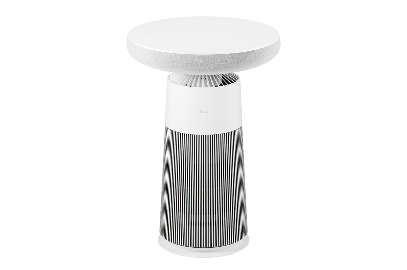 Góc nhìn từ phía trước của LG PuriCare™ Aerospeaker với phần trên màu trắng và đế sọc đen