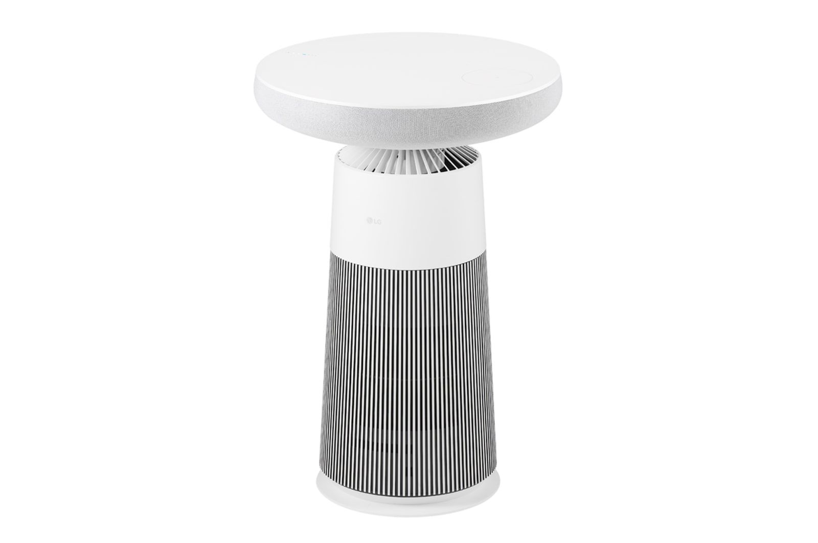 Góc nhìn nghiêng của LG PuriCare™ Aerospeaker với thân hình trụ cao và mỏng