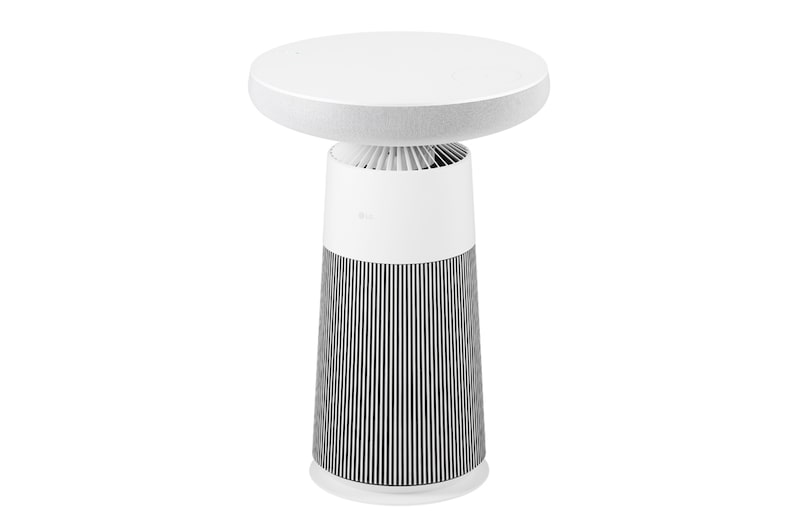 Góc nhìn nghiêng của LG PuriCare™ Aerospeaker với thân hình trụ cao và mỏng