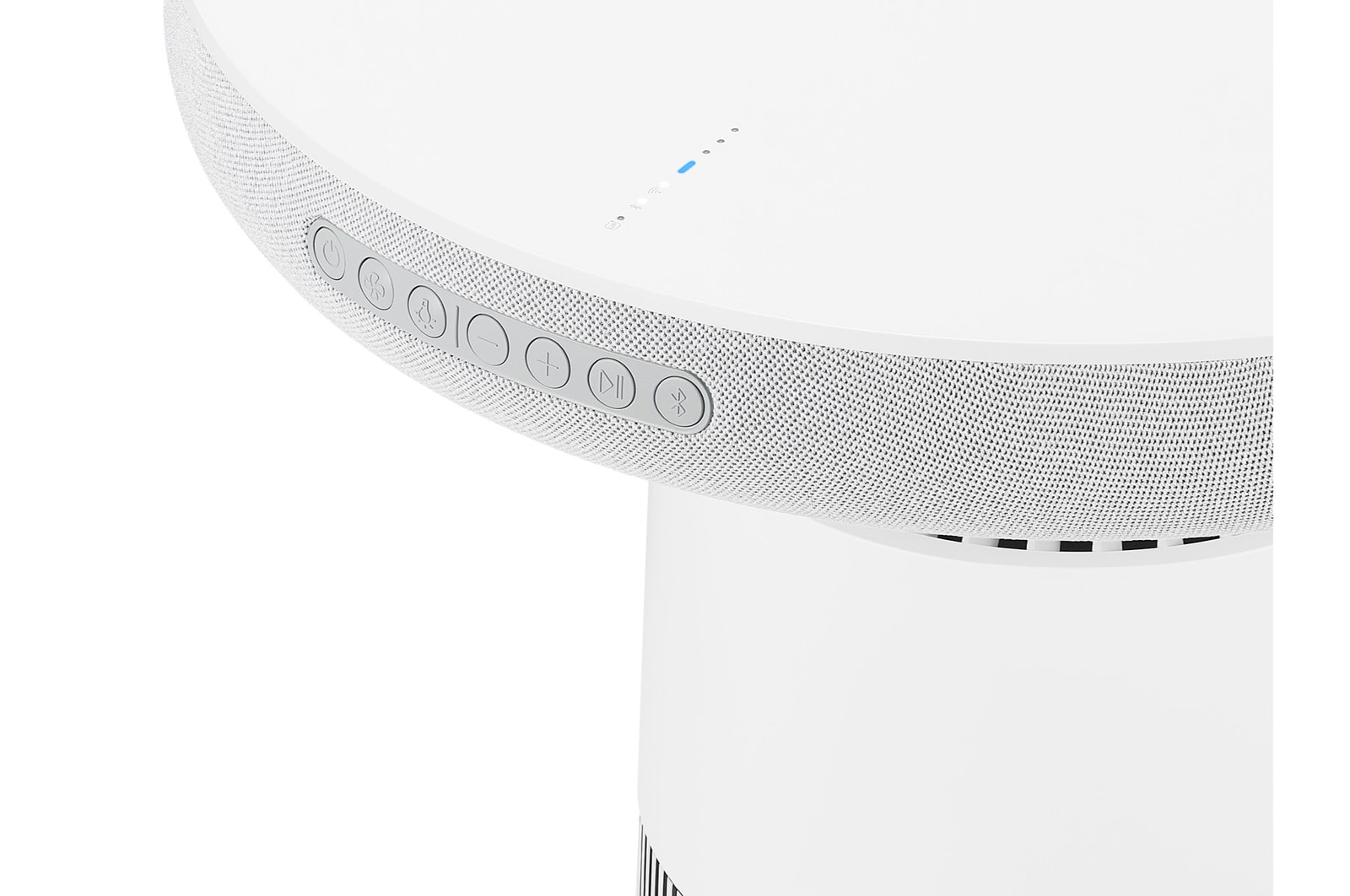 Góc nhìn từ dưới lên của LG PuriCare™ Aerospeaker cho thấy lưới loa và vòng đèn LED
