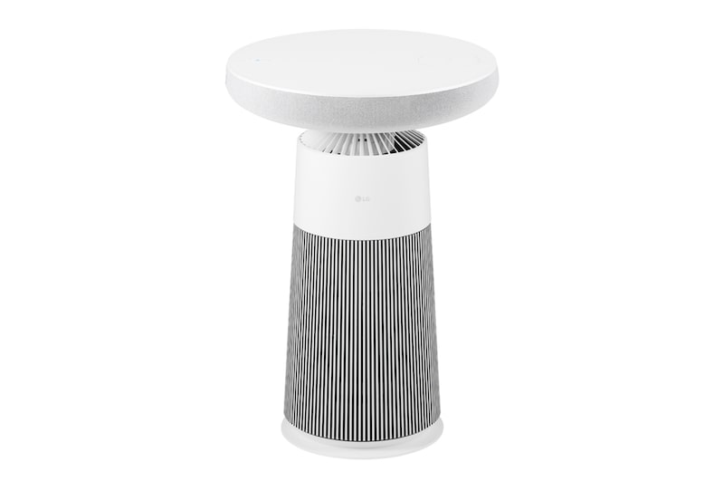 Góc nhìn từ phía trước của LG PuriCare™ Aerospeaker với phần trên màu trắng và đế sọc đen