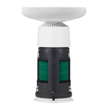 Góc nhìn từ bên hông của LG PuriCare™ Aerospeaker với bộ lọc hình trụ màu xanh lá cây có thể nhìn thấy