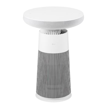 Góc nhìn từ phía trước của LG PuriCare™ Aerospeaker với phần trên màu trắng và đế sọc đen