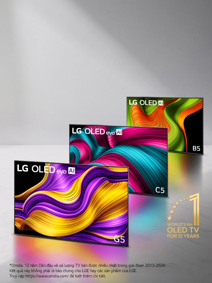 Dòng sản phẩm gồm ba TV LG OLED evo AI trong đội hình, TV C5, G5 và B5. Biểu tượng OLED TV số 1 thế giới trong 12 năm nằm ở góc. 