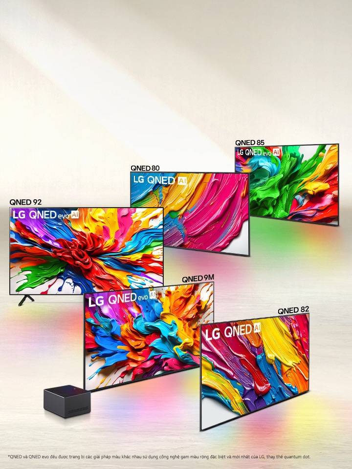 Dòng sản phẩm gồm năm TV LG QNED evo AI trong đội hình, TV QNED80, QNED85, QNED92, QNED9M có Hộp kết nối không dây, QNED82. 