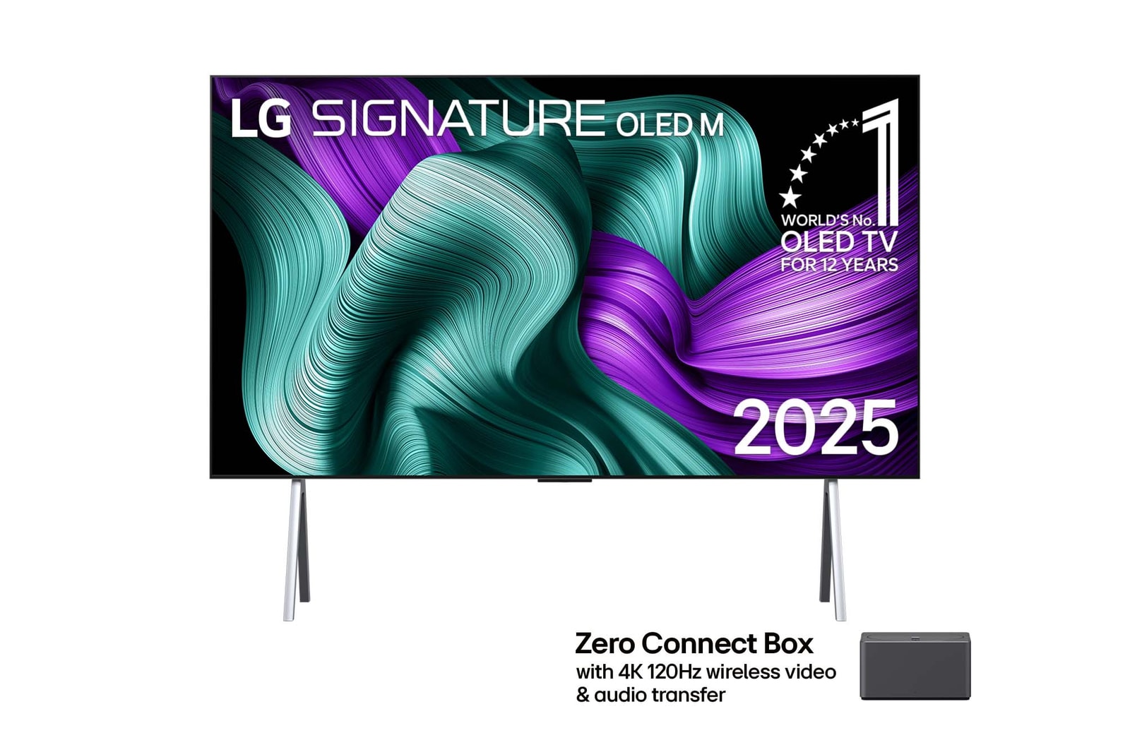 Hình ảnh mặt trước của LG OLED M5 Signature TV. Biểu tượng OLED số 1 thế giới trong 12 năm và logo LG Signature OLED M hiện trên màn hình. Hộp kết nối không dây ở góc có tiêu đề, Hộp kết nối không dây có khả năng truyền video và âm thanh không dây 4K 120Hz