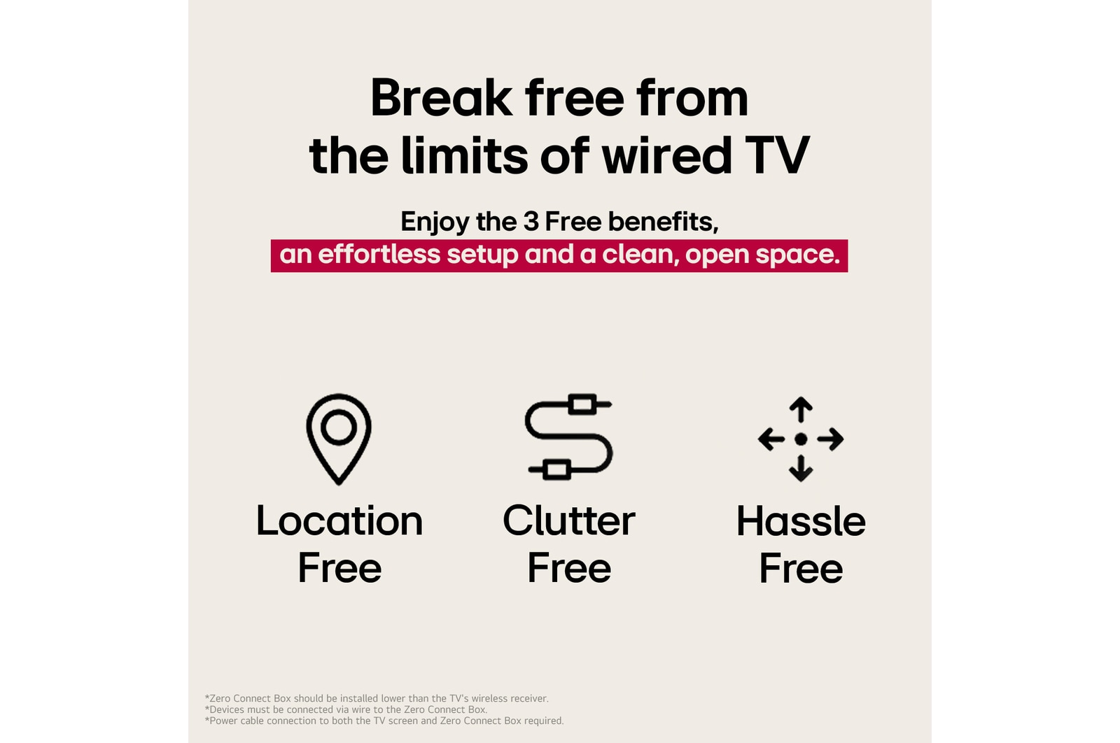 Ba biểu tượng đại diện cho 3 lợi ích Miễn phí từ LG True Wireless TV. Không ràng buộc vị trí, lộn xộn, không rắc rối. Văn bản nói về việc thoát khỏi giới hạn của TV có dây và tận hưởng việc thiết lập dễ dàng và không gian mở, gọn gàng.