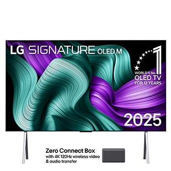 Hình ảnh mặt trước của LG OLED M5 Signature TV. Biểu tượng OLED số 1 thế giới trong 12 năm và logo LG Signature OLED M hiện trên màn hình. Hộp kết nối không dây ở góc có tiêu đề, Hộp kết nối không dây có khả năng truyền video và âm thanh không dây 4K 120Hz
