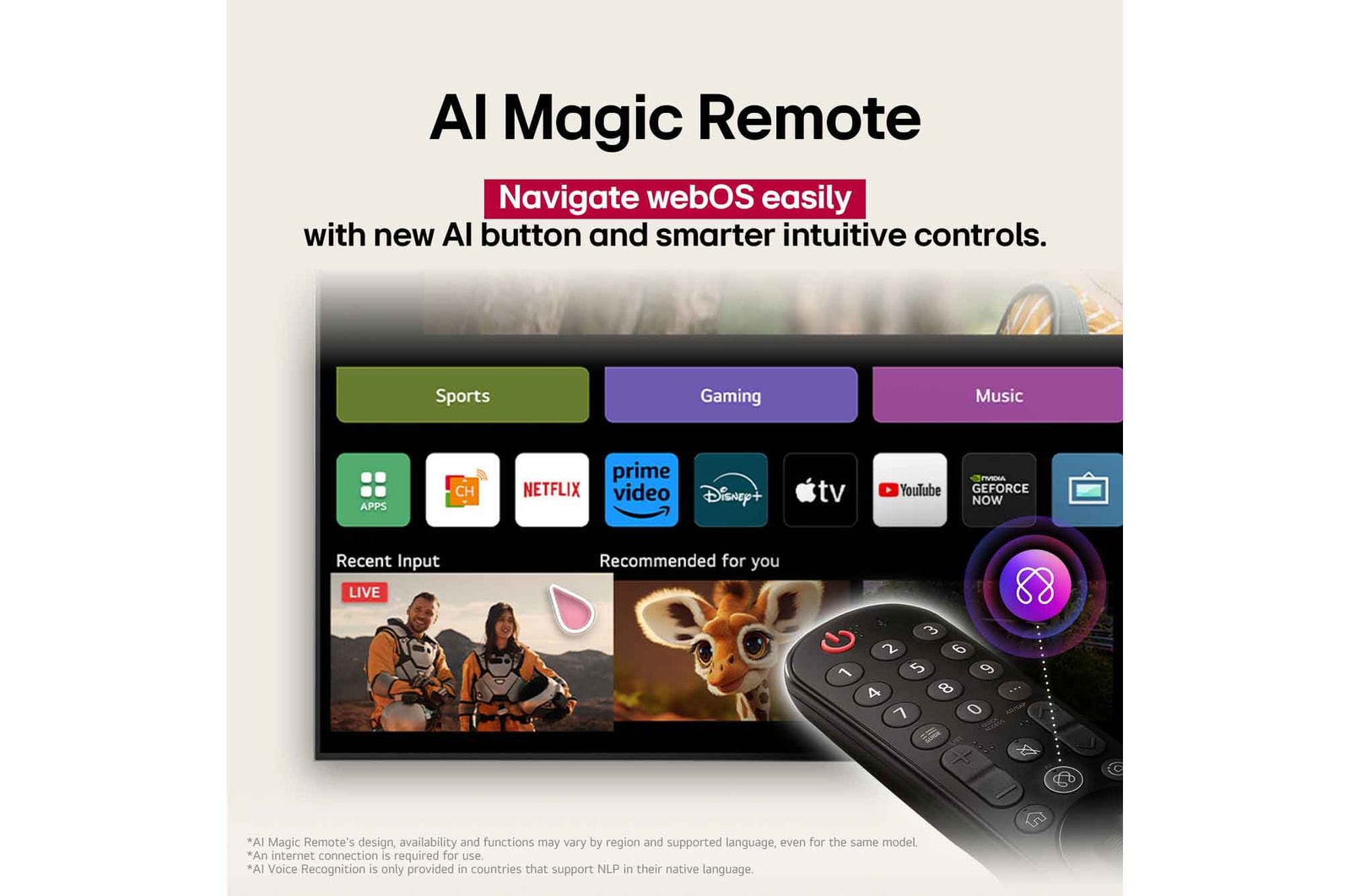 LG AI Magic Remote in the foreground. The AI button icon is highlighted. In the background is the LG webOS UI. The mouse cursor implies that the remote is in use. Text explains how the remote's functions and controls make navigating webOS easy. 