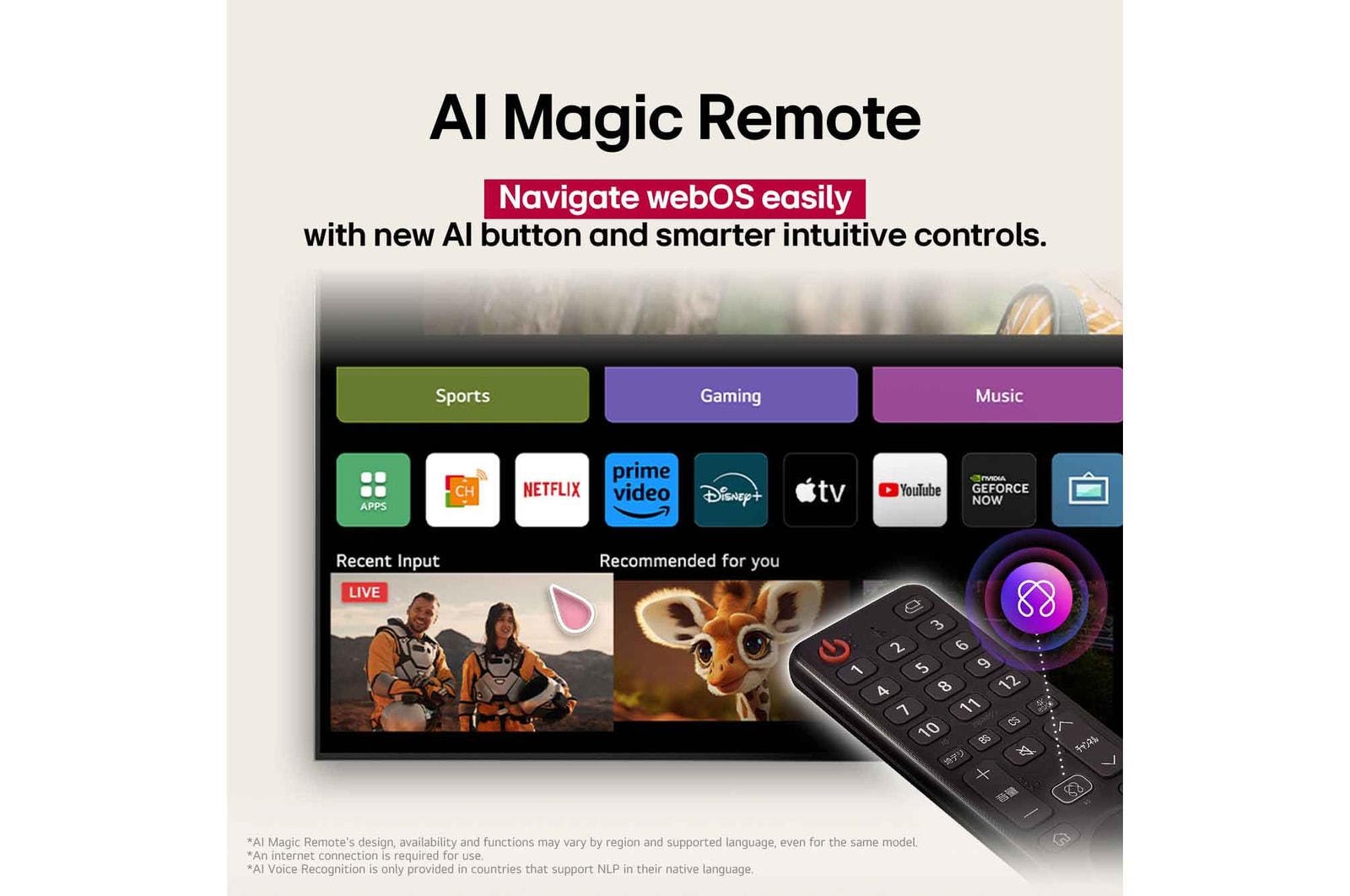 LG AI Magic Remote in the foreground. The AI button icon is highlighted. In the background is the LG webOS UI. The mouse cursor implies that the remote is in use. Text explains how the remote's functions and controls make navigating webOS easy. 