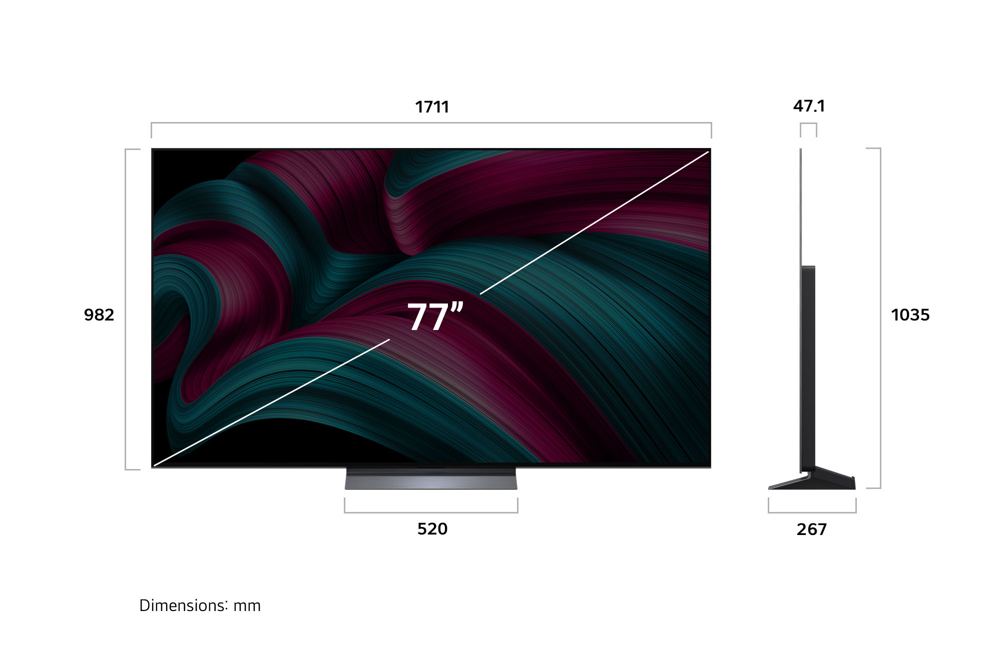 Front view and side view of LG OLED evo AI C5 4K Smart TV showing its length, width, height, and depth dimensions.
