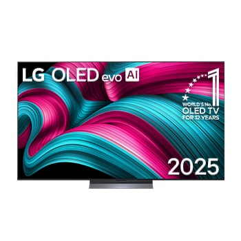 Front view of LG OLED evo AI C5 4K Smart TV. 12 Years of world number 1 OLED emblem and LG OLED evo AI 2025 logo are on the screen.