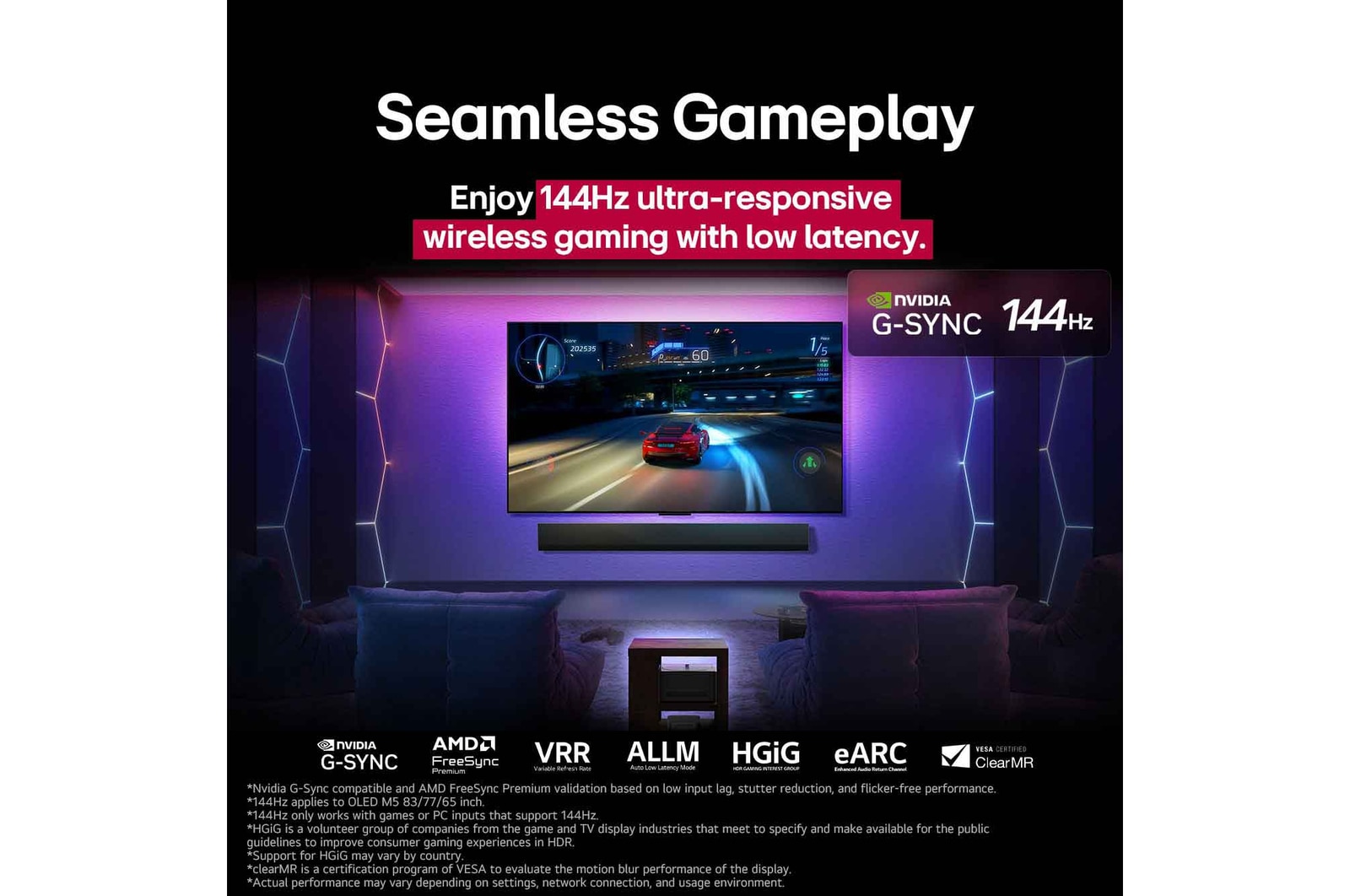 LG OLED M5 TV with a game being played on its screen showcasing the smooth and seamless gameplay. Zero Connect Box is seen, but blends well with the space. Gaming certifications are visible. Text talks about 120Hz ultra-responsive wireless gaming with low latency.