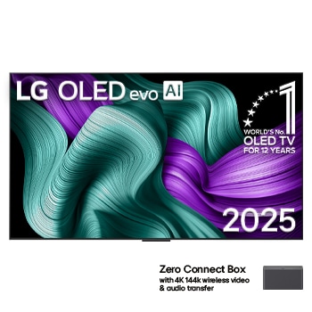 Front view of LG OLED M5 TV. 12 Years of world number 1 OLED emblem and LG OLED evo AI 2025 logo are on the screen. Zero Connect Box in the corner with the title, Zero Connect Box with 4K 144Hz wireless video & audio transfer