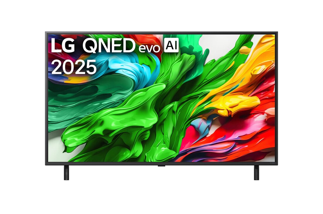 Front view of LG QNED evo TV, LG QNED evo Al Logo on the top corner. LG QNED evo TV depicts colorful paintike textures coming together.
