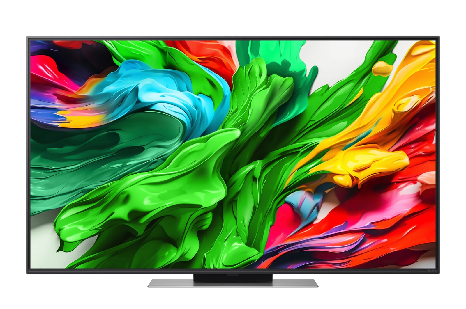 Front view of LG QNED evo TV, LG QNED evo Al Logo on the top corner. LG QNED evo TV depicts colorful paintike textures coming together.