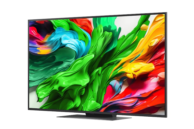 Front view and side view of LG QNED evo AI 4K Smart TV showing its length, width, height, and depth dimensions.