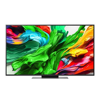 Front view of LG QNED evo TV, LG QNED evo Al Logo on the top corner. LG QNED evo TV depicts colorful paintike textures coming together.