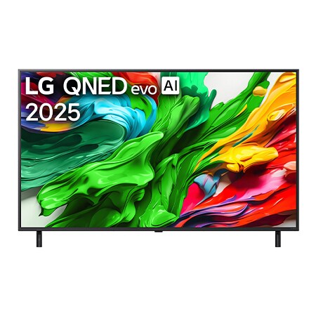 Front view of LG QNED evo TV, LG QNED evo Al Logo on the top corner. LG QNED evo TV depicts colorful paintike textures coming together.
