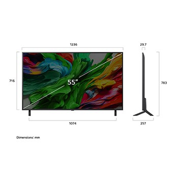 Front view and side view of LG QNED evo AI 4K Smart TV showing its length, width, height, and depth dimensions.