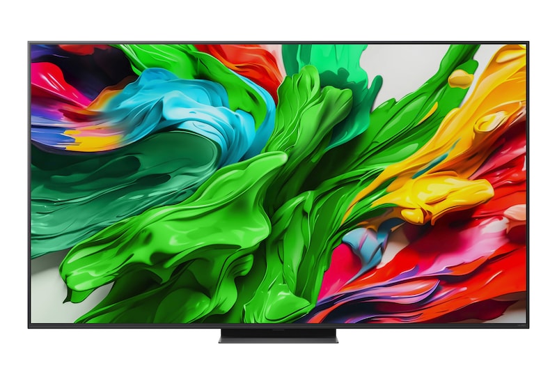 Front view of LG QNED evo TV, LG QNED evo Al Logo on the top corner. LG QNED evo TV depicts colorful paintike textures coming together.