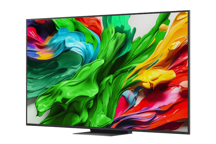 Front view and side view of LG QNED evo AI 4K Smart TV showing its length, width, height, and depth dimensions.