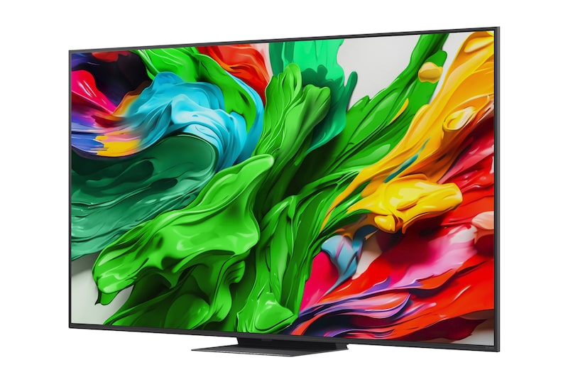 Front view and side view of LG QNED evo AI 4K Smart TV showing its length, width, height, and depth dimensions.